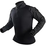 Men's Tactical Combat Shirt, Lightweight Long Sleeve Military BDU Shirts Paintball Airsoft Top with Zipper Black M