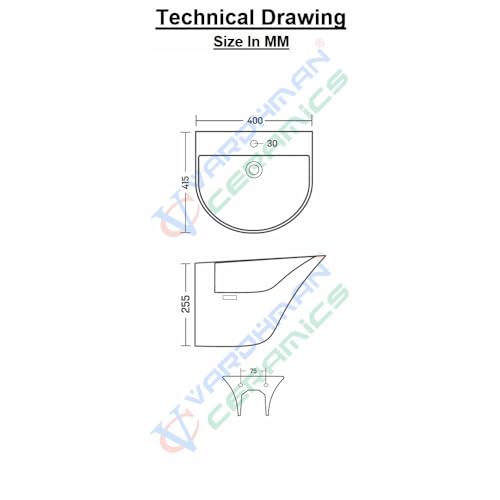 Image of Wash Basin Wall Hung Mounted Glossy Finish White Sink for Bathroom (16 x 16 x 10 Inch)