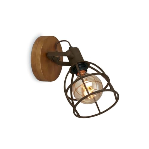 BRILONER, Aplique de Pared Retro con Pantalla de Rejilla, 1 Luz de Pared Vintage, Casquillo E27, Máx. 25 W, Pantalla Ajustable, Lámpara de Pared Rústica de Madera y Acero, Color Marrón