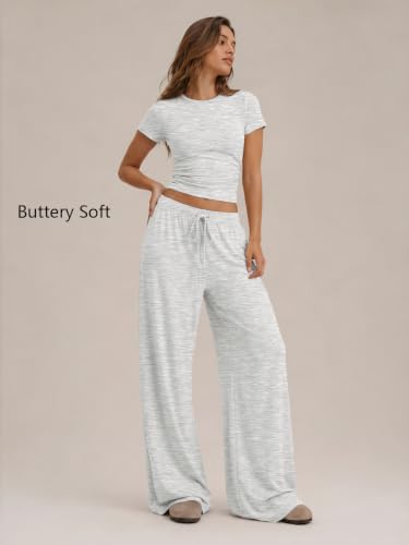 Image of Trendy Queen 2 Piece Matching Summer Lounge Set Womens Side Ruching Top Wide Leg Pants Sets with Pockets