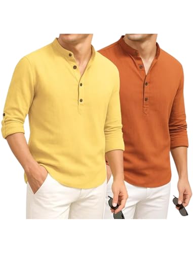 Image of DEEMOON Combo of Men's Cotton Blend Solid Regular Fit Full Sleeve Short Kurta | Men's Trendy Short Kurta Pack of 2 (Available in Plus Size & Combo Packs)
