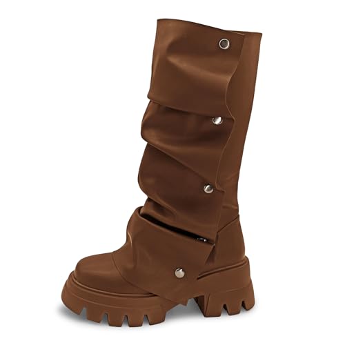 Women's Combat Mid-Calf Chunky Boots Detachable Pull-On Wide Calf Panel Shark Platform Boots Round toe Party Dress Boot