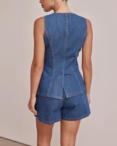 Kedera Women's Button Down Denim Vest Sleeveless Tank Tops Crew Neck Slim Fit Jean Jacket Waistcoat with Pockets