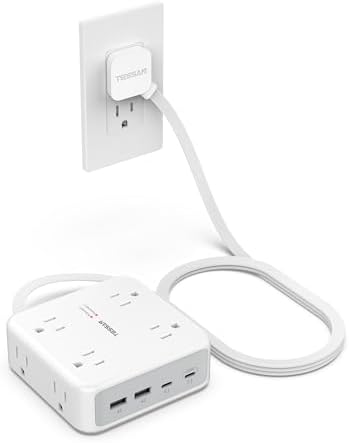 5ft Flat Plug Extension Cord Indoor, TESSAN Surge Protector Power Bar with 4 USB (2 USB C), Power Strip with 8 Multi Plug Outlets, Charging Station Wall Mount for Dorm Room Home Office