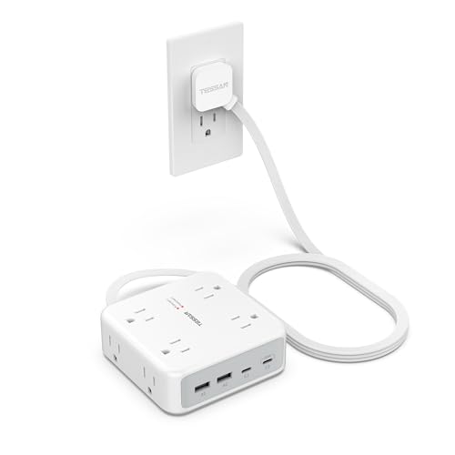 5ft Flat Plug Extension Cord Indoor, TESSAN Surge Protector Power Bar with 4 USB (2 USB C), Power Strip with 8 Multi Plug Outlets, Charging Station Wall Mount for Dorm Room Home Of image 1