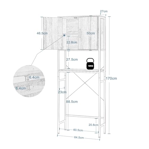 EUGAD Waschmaschinenschrank, Waschmaschinenregal Regal über Waschmaschine Toilette, Toilettenregal mit Schrank Verstellbarer Ablage, Badregal aus Holzwerkstoff Metall, 64,5x170x27 cm