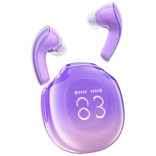 ACEFAST T9 Wireless Earbuds, Bluetooth 5.3 Earphones with Immersive Sound, Noise Cancelling Crystal in-Ears Headphones, 40H HiFi Stereo Dual Mic Ear Buds, LED Digital Display, Grape Purple