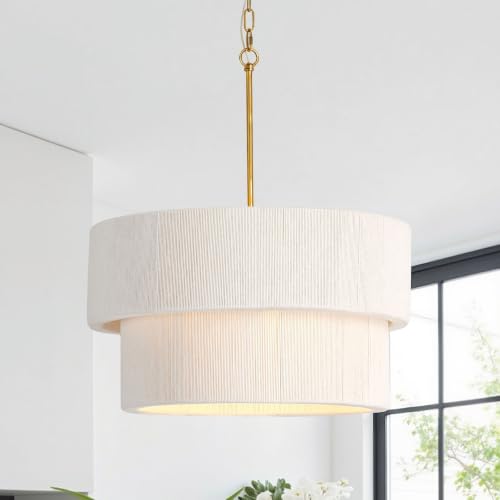 Large Coastal White Boho Linen Drum Pendant light Dining Room Light Fixture