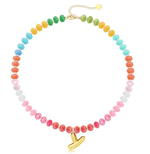 Initial Necklaces for Women, Beaded Necklaces for Women with Bubble Necklace Letter Stocking Stuffers for Teens Trendy Stuff Colorful Gemstone Choker 14k Gold Letter A-Z Pendant Summer Beach Christmas Birthday Jewelry for Her Girlfriend Sister