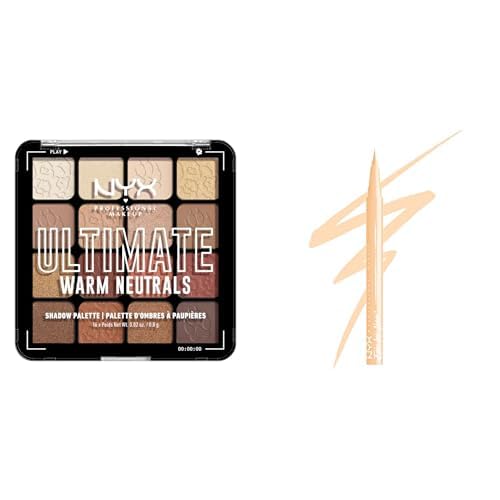 NYX Professional Makeup Lidschattenpalette, 16 Farbtöne, Intensives, langanhaltendes Finish, Ultimate Shadow, Farbton: Warm Neutrals + Epic Ink Liner S’Mores Marshmallow flüssiger Eyeliner, 1 Stk
