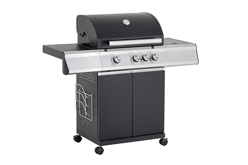 Tarrington House BBQ Gas-Grill PAXTON, 3-Brenner- mit Seitenbrenner, Grill Abdeckhaube und Warmhaltegitter. Stahl/Edelstahl/Gusseisen, schwarz, 11kg Gasflasche für Outdoor, Balkon, Camping