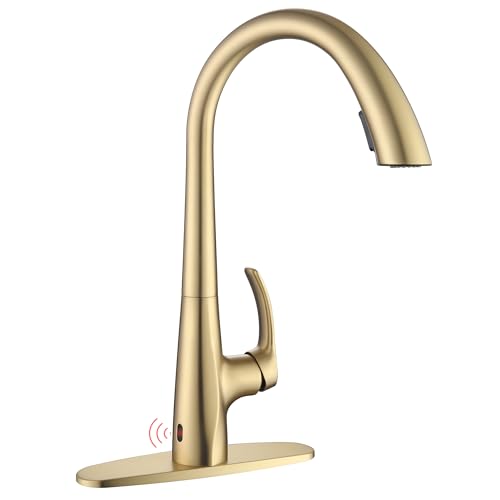 JXMMP Touchless Kitchen Faucet with Pull Down Sprayer Brushed Gold Motion Sensor Kitchen Faucet Stainless Steel Hands Free Faucet for Kitchen Sink 1 or 3 Hole