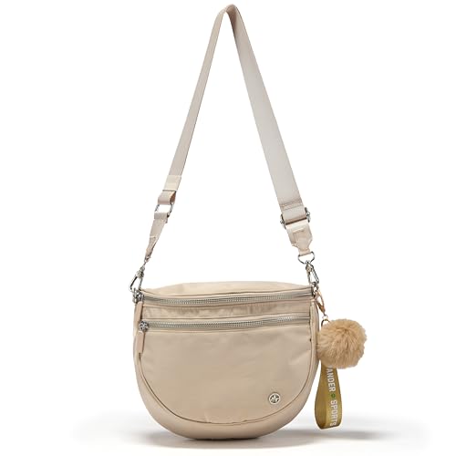 Image of Pander Crossbody Bum Bag for Women, Everyday Nylon Shoulder Bag with Pompom Keychain Wristlet Bag Charm, Adjustable Strap