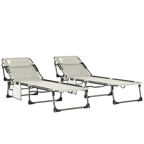 Outsunny Set de 2 Tumbonas Jardín Exterior, Tumbonas Plegables con Reposacabezas y Bolsillo Lateral, Respaldo Reclinable 5 Posiciones y Asiento de Malla Transpirable para Playa, Piscina, Blanco Crema