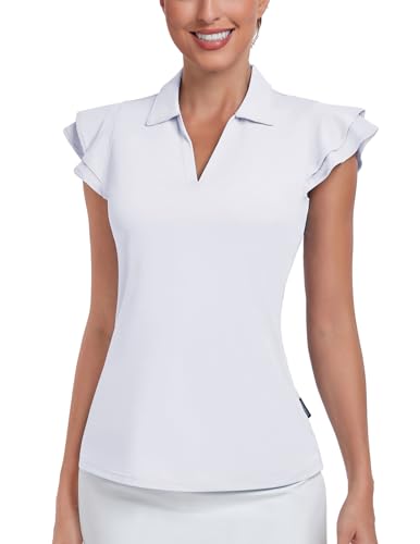 Soneven Womens Golf Shirts Ruffle Short Sleeve Polo Shirts Floral Moisture Wicking Tennis Shirts Golf Tops