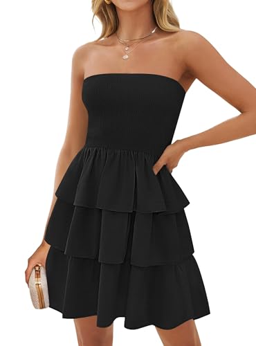 ZESICA Women's Summer Strapless Smocked Tube Dress 2025 Off Shoulder Ruffle Tiered Flowy Beach Boho Mini Sundress,Black,Medium