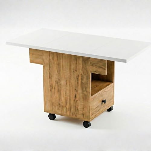 Image of FFO Foldable Dining Table with Storage and Wheels, Drop Leaf, 2 Seater, Engineered Wood, White and Coach Wood Finish, Drawer and Shelf Storage