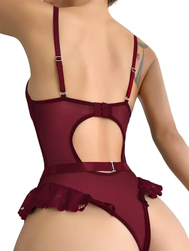 Image of Lilosy Sexy Stocking Lace Mesh Bodysuit Top Underwire Garter Lingerie Set 3 Piece