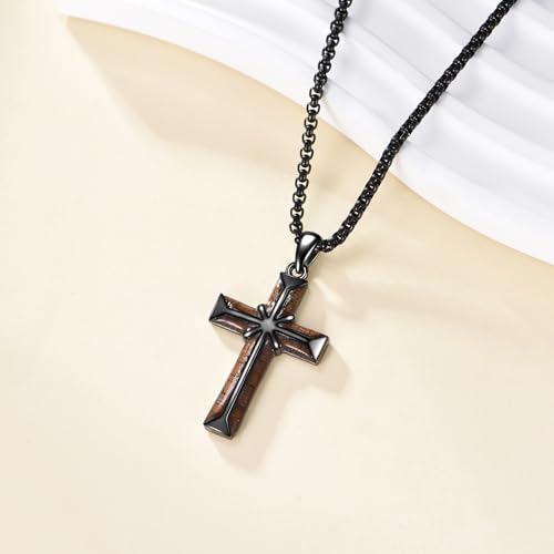 ONEFINITY Wooden Cross Necklace for Men 925 Sterling Silver Real Ebony Black Orthodox/Jesus Christ/Saint Michael/Nail Cross Pendant Necklace Religious Christian Jewelry Gifts for Men2
