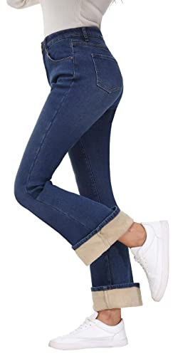 Kdf Women's Fleece Lined Jeans Flare Bell Bottom Jeans Winter Super Warm Thick Fleece Denim High Waisted Stretch Jeans Fleece Pants 6,Dark Blue #TOP4