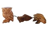 Handmade Wooden Percussion 3 Piece Set 3 Inch Brown Wooden Frog, 4 Inch Brown Wooden Cricket and 3.5