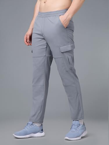 Image of TECHNOSPORT Men's Solid Straight Fit Cargo Pants TS Flexi 6 Pocket Polyester Quick Dry Elasticated Drawstring for Gym Travel Running Workout