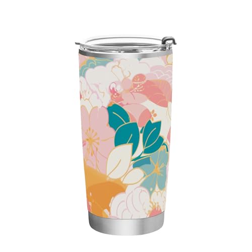 siphylline Vasos de acero inoxidable con tapa de flores de estilo japonés de 20 onzas para viaje, vaso aislado de 20 onzas