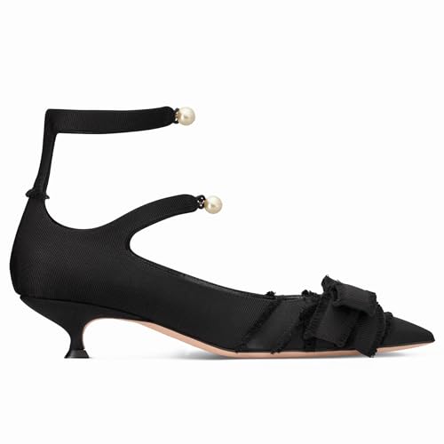 Kitten Heels for Women Pearl Stretch Strap Pumps Shoes Bow Pointed Closed Toe Low Heels Fashion Party Dress High Heels2