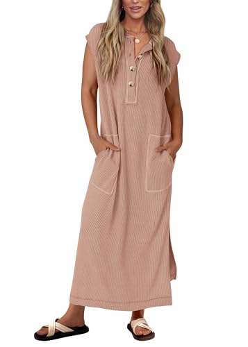 Image of KIRUNDO Womens Summer Ribbed Knit Short Sleeve Maxi Dress | 2026 Spring Henley Button Up Knitted Tshirt Dress, Loose Beach Vacation Sundress, Teacher Dress, Loose Fit Nursing Friendly