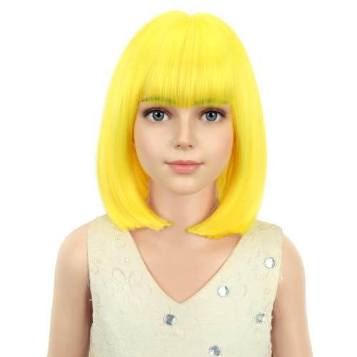Image of PATTNIUM Kids Yellow Wig Child Yellow Bob Wig for Girls Colored Wigs Cosplay Party Synthetic Rose Net Daily Wear Wigs