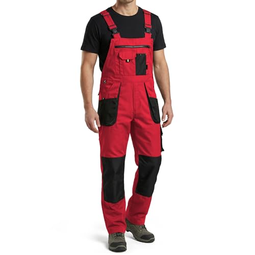 Stenso Kastor Arbeitshosen Männer Latzhose Herren Arbeitshose - Arbeitslatzhose Herren mit Elastischer Bund, Knieverstärkung, Latztasche, Verstellbare Träger, Handytasche Rot/Schwarz EU48