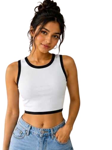 Women's White Contrast Trim Sleeveless Crop Tank Top | Round Neck Stretch Knit Slim Fit Crop Top | Casual Basic Fashion Top for Girls & Women-image-24