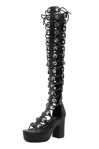 Image of STUPMARY Women Peep Toe Sandals Cut-outs Cross-tied Lace Up High Heeled Gladiator Sandals Zipper Over The Knee Bootie Summer