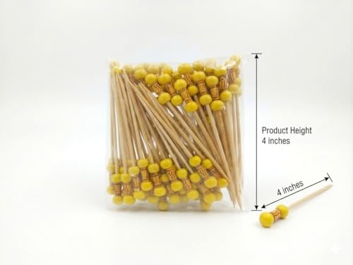 Image of Somani Decorative Bamboo Cocktail Picks Yellow Bead | Double Ball Topper Fancy Food Picks for Appetizers, Drinks & Garnish | Cafe, Lounge, Bakery, Catering & Home Entertaining | Pack of 100