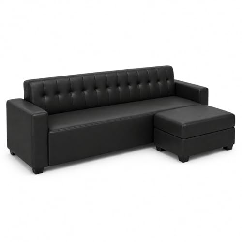 Image of FURNY Luxe 4 Seater L Shape Sofa Set with Movable Ottoman | Flexible Left or Right Layout | Premium Leatherette Upholstery (Black) | Perfect for Living Room, Guest Room & Office