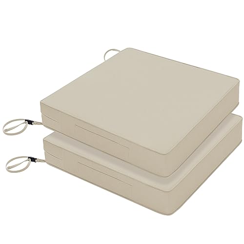 Favoyard Patio Chair Cushions 24 x 24 x 4 Inch Waterproof Outdoor Seat Cushions for Patio Furniture 3-Year Color Fastness Garden Sofa Couch Chair Pads with Handle & Adjustable Straps Set of 2, Beige