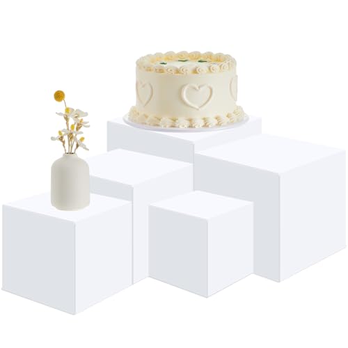 Geetery Set of 5 Display Buffet Risers Acrylic Cube with Hollow Bottoms Acrylic Boxes for Display Dessert Table Stands for Catering Collectibles Jewelry Decor (White,3,4,5,6,7 Inch)