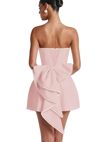 Maxianever Strapless Pearl Homecoming Dresses Mini Satin Wedding Guest Gown with Bow 2025