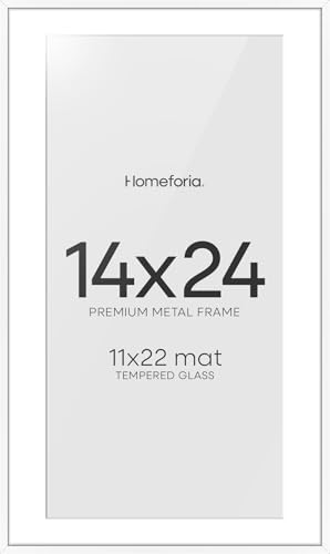 Image of Homeforia 14x24 Picture Frame White, High End Metal 14x24 Poster Frames with Mat 11x22 Photo, 14 x 24 White Frame Matted to 11 by 22 Print, 24by14 Thin Hanging Frames, Tempered Glass, Wall Kit, Set of 2