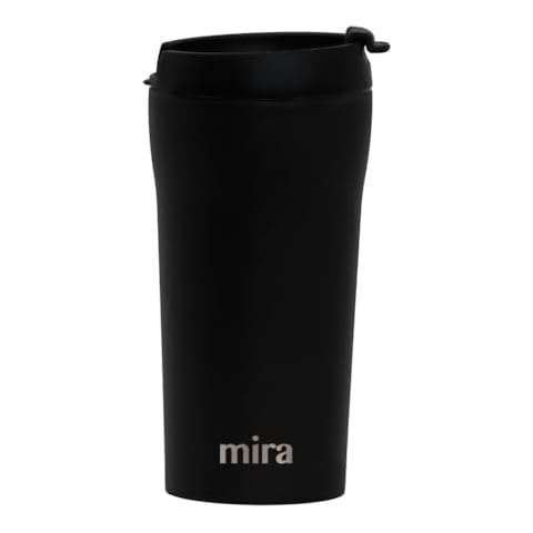 MIRA 12 oz Stainless Steel Insulated Travel Mug for Coffee & Tea - Vacuum Insulated Car Tumbler Cup with Spill Proof Twist On Flip Lid - Thermo Keeps Drinks Steaming Hot or Ice Cold - Black Cover