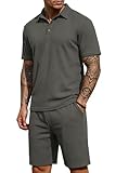 PrinStory Men's Summer Outfits Waffle Knit Polo Shirt and Shorts Set 2 Pieces Casual Tracksuit with Pockets Dark Gray-M