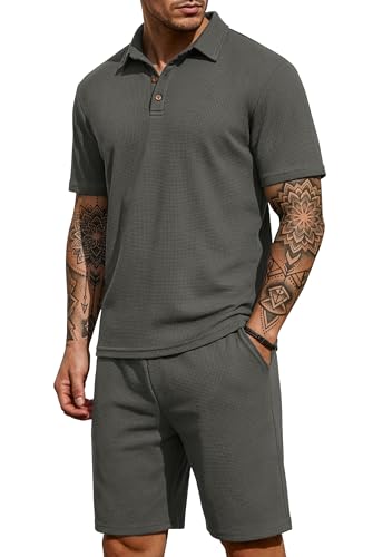 PrinStory Men's Summer Outfits Waffle Knit Polo Shirt and Shorts Set 2 Pieces Casual Tracksuit with Pockets Dark Gray-M