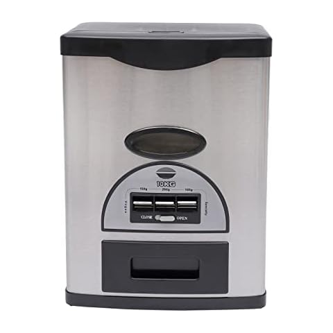 LIAPDG 10Kg/22Lb Auto Rice Dispenser, Black Rice Dispenser Three Gears Measuring Rice Storage Container Stainless Steel Rice Organization with Rice Grains Tray Cone-Shaped Funnel Design Cover