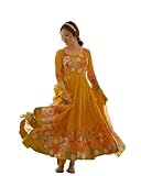 Heni Fashion Indian Style Pure Organja Silk Print Anarkali Gown Dupatta Set With Pant Ready To Wear