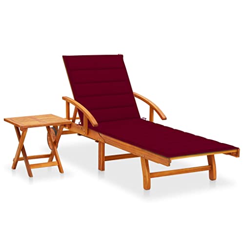 Teenpull Tumbona de madera maciza de acacia, color rojo vino, ajustable, con mesa extensible y cojín, 200 x 67 cm, tumbona de jardín para terraza, piscina, relajación al aire libre