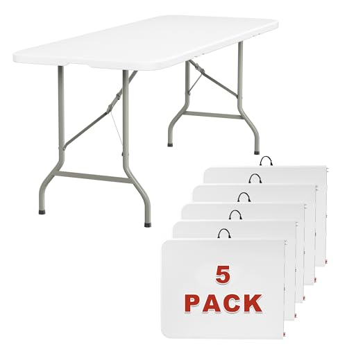Elevon 6FT Folding Tables Heavy Duty Portable Foldable Table with Built-in Handle 300 lb Capacity Ideal for Events Parties Crafts Camping & Dining (5-Pack)