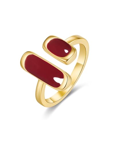 Gold Maroon Burgendy Red Enamel Square Rectagnular Adjustable Statement Open Ring for Women by SNGIA, Dainty Irregular Geometric Summer Beach Unique Stackable Wedding Date Birthday Gift, Bohemian Irregular Trendy Navy Jewelry, Textured Patterned Fashion Accessories, Vintage Circular Nickle Free Gifts.