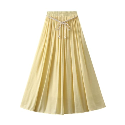 Womens Cotton Linen Skirt Elastic Waist Pleated Skirts Drawstring A-Line Midi Skirt Loose Fit Casual Trendy Skirts