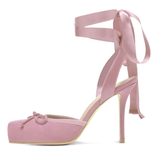 Meefit Satin Ballet Shoes Stiletto High Heels Closed Square Toe Ballerian Pumps with Bow Tie Lace Up Spring Heels