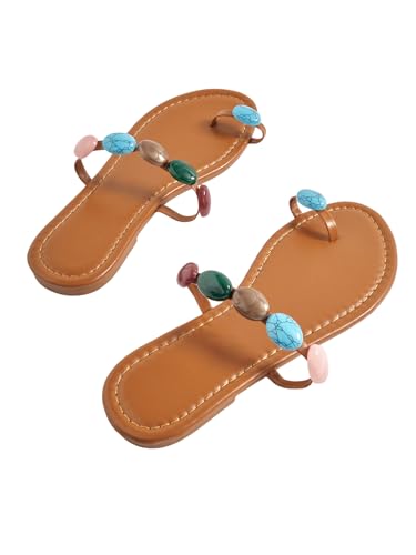 GORGLITTER Women's Toe Ring Thong Flat Sandals Gemstone Decor Slip On Boho Slide Sandal Flip Flops4